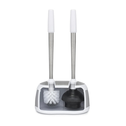 Polder Stainless-Steel Dual Bath Caddy with Toilet Brush and Plunger, White
