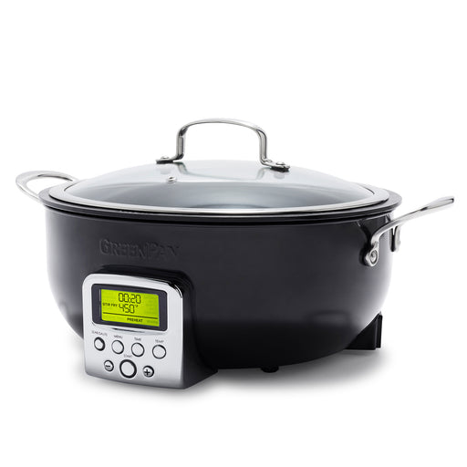 GreenPan Elite Essential Smart Electric 6 QT Skillet Pot - Sear, Saute, Cook Rice, Black