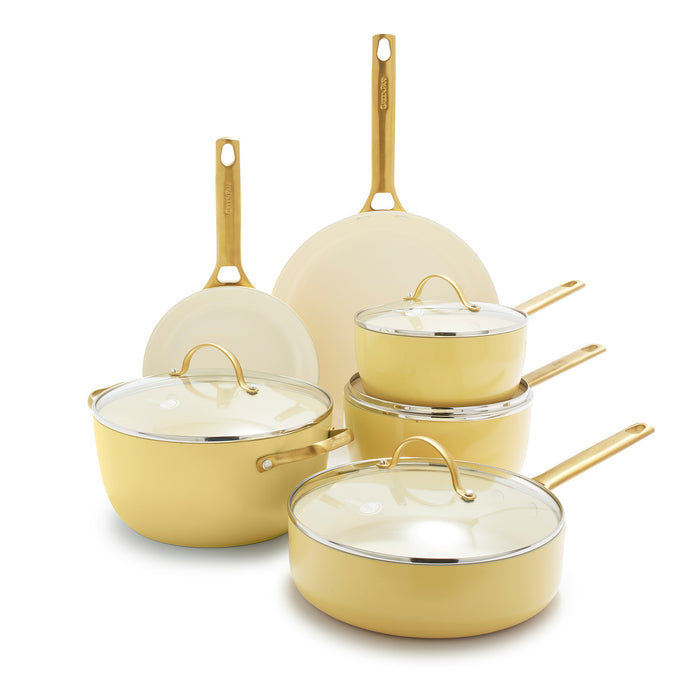 Nonstick Frying Pan Set - 8 PC Luxe Gold & White Pan Set with Lids