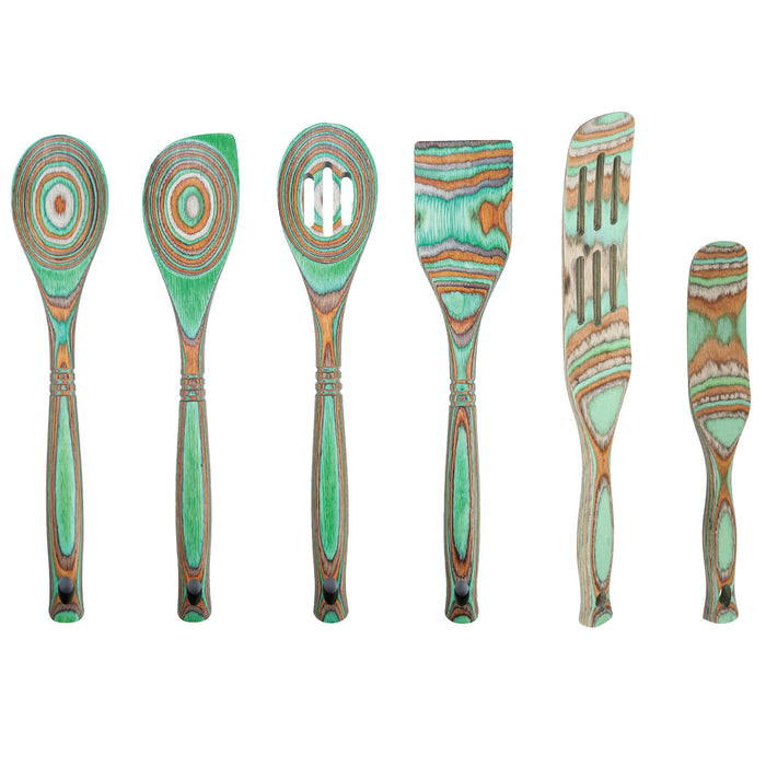 Island Bamboo Pakkawood 6 Piece Cooking and Serving Utensil Set, Spatula, Spoon, Spurtle, Mint