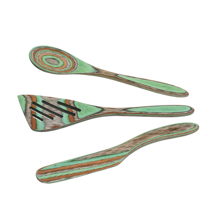 Island Bamboo Pakkawood 3 Piece Mini Kitchen Utensil Set with Spoon, Spatula, and Spreader, Mint