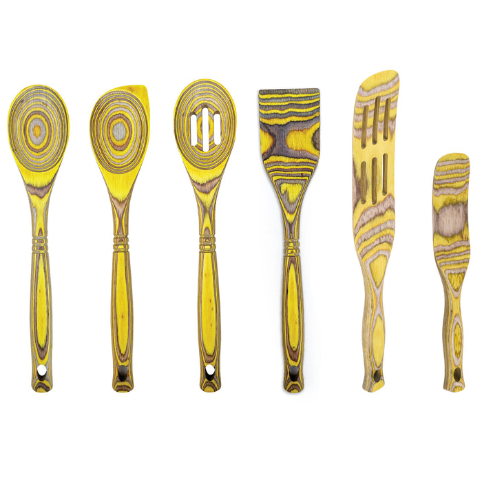 Island Bamboo Pakkawood 6 Piece Cooking and Serving Utensil Set, Spatula, Spoon, Spurtle, Lemon