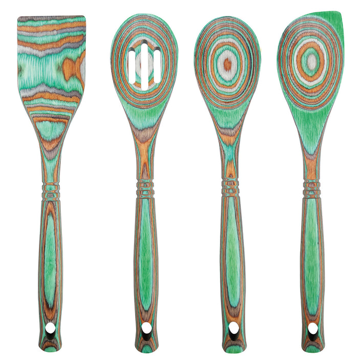 Island Bamboo Pakkawood 4 Piece Cooking and Serving Utensil Set, Corner Spoon, Slotted Spoon, Spoon, Spatula, Mint