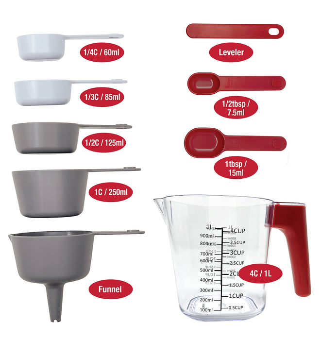 9-Piece Nesting Measuring Cups and Spoons Set with Funnel Plastic