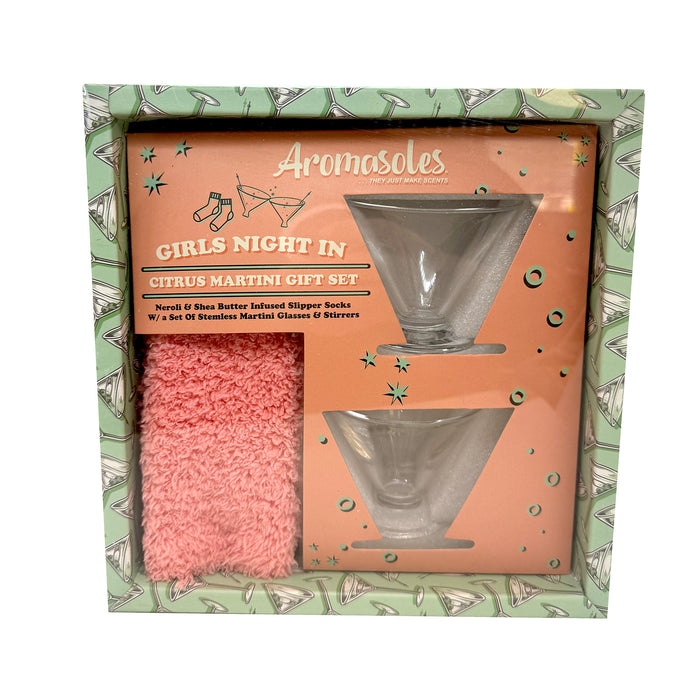 Aromasoles Girls Night In Gift Set, Includes Neroli Infused Slipper Socks & Martini Glasses